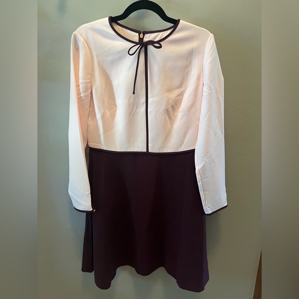 Ted Baker Two-Tone Cream and Deep Purple Long Sleeve Dress